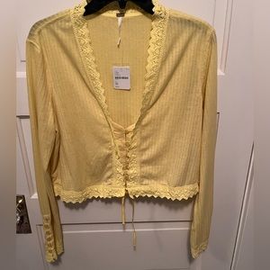 NWT Free People Third Date Ribbed Long Sleeve Yellow Lace Boho Top Size M